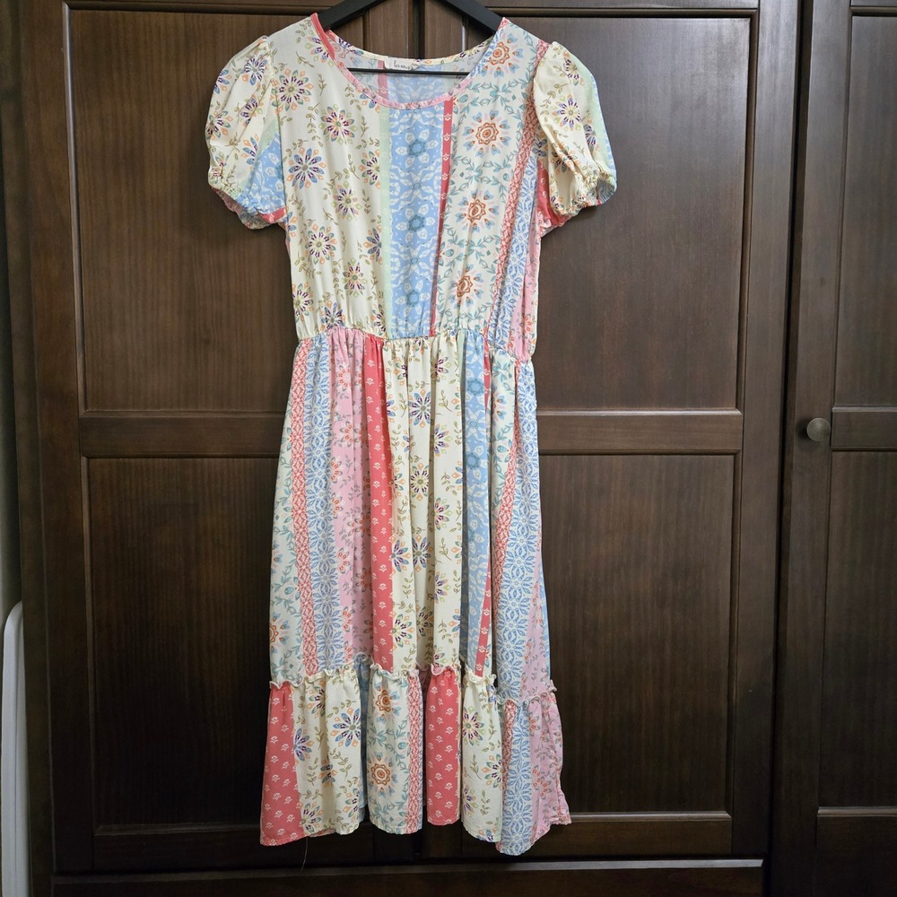 Les Amis Patchwork Floral Midi Dress Pink Blue Rayon Puff Sleeve D1431 Small